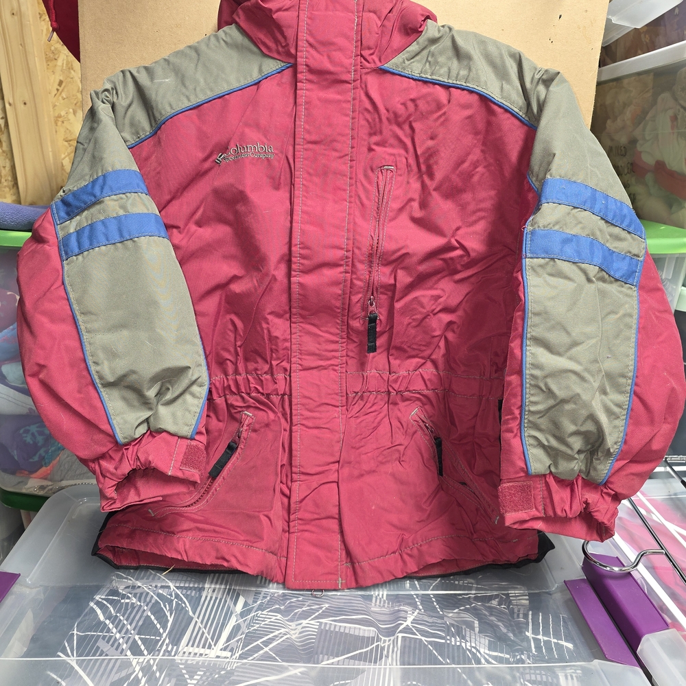 Columbia Kids Puffer Jacket in Red and Gray with Blue Stripes